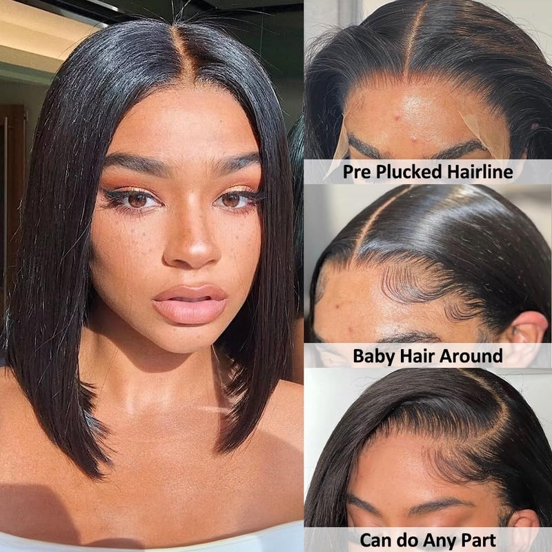 Flady 12 inch Straight Bob Wig Human Hair 13x4 HD Frontal Lace Wig Short Bob Wigs for Women Glueless Bob Lace Front Wigs Human Hair Pre Plucked 150% Density Natural Black Color - Image 2