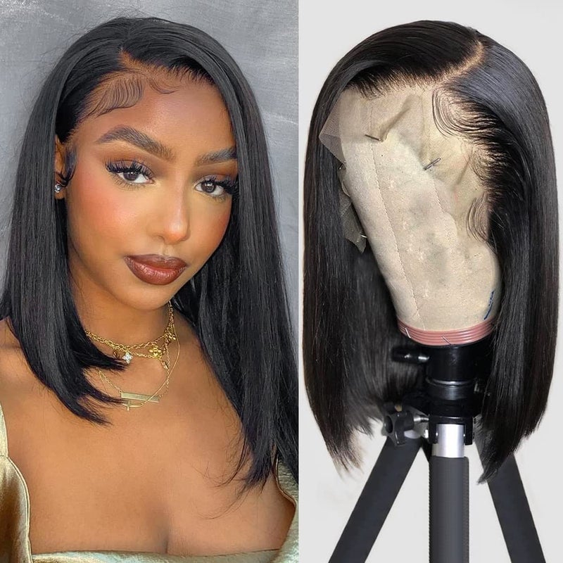 Flady 12 inch Straight Bob Wig Human Hair 13x4 HD Frontal Lace Wig Short Bob Wigs for Women Glueless Bob Lace Front Wigs Human Hair Pre Plucked 150% Density Natural Black Color - Image 1