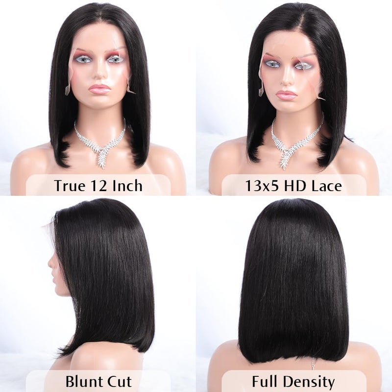 Flady 12 inch Straight Bob Wig Human Hair 13x4 HD Frontal Lace Wig Short Bob Wigs for Women Glueless Bob Lace Front Wigs Human Hair Pre Plucked 150% Density Natural Black Color - Image 3