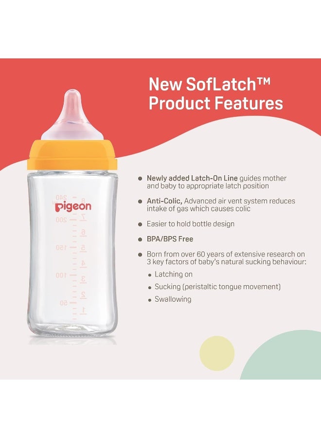 pigeon زجاجة رضاعة ذات عنق واسع، للمواليد/الرضع/الأطفال حتى 3 سنوات، خالية من BPA، شكل مريح سهل الإمساك، مع حلمة مضادة للمغص، 240 مل باللون الأصفر - Image 2