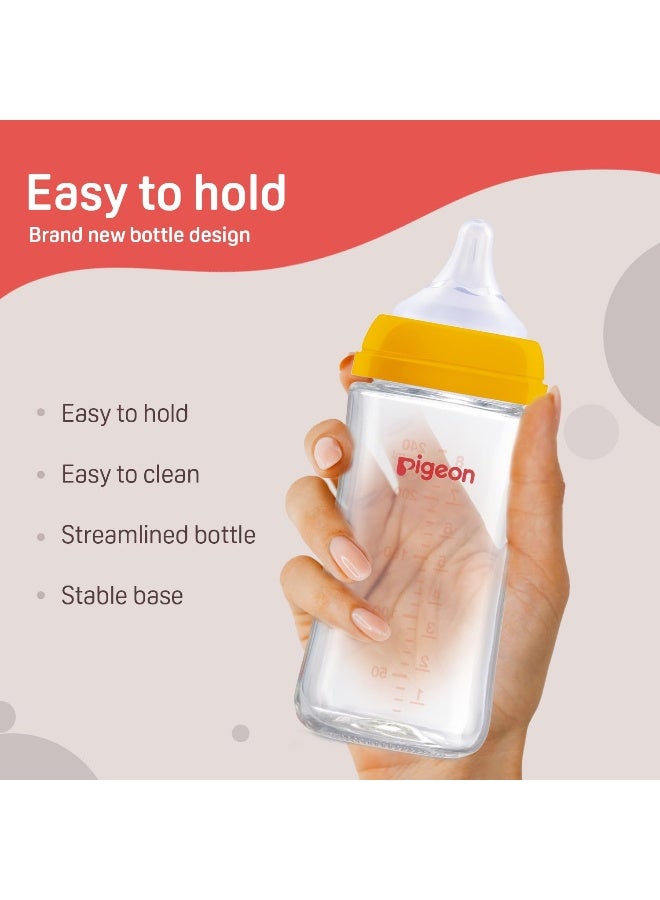 pigeon زجاجة رضاعة ذات عنق واسع، للمواليد/الرضع/الأطفال حتى 3 سنوات، خالية من BPA، شكل مريح سهل الإمساك، مع حلمة مضادة للمغص، 240 مل باللون الأصفر - Image 5