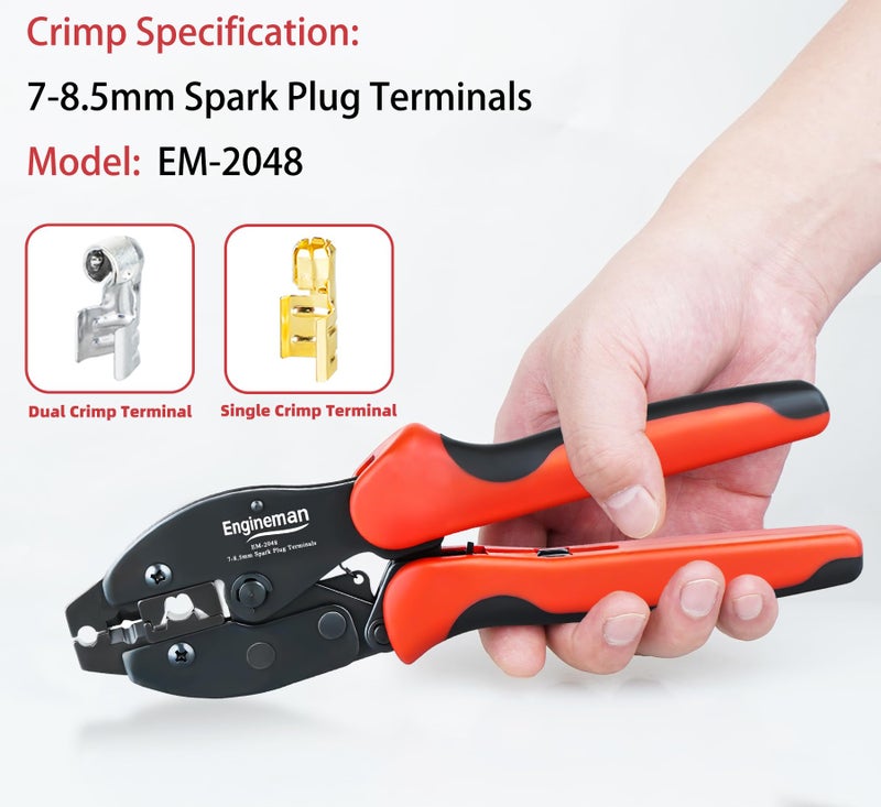 ENGINEMAN Spark Plug Wire Crimping Tool Kit, Ratchet Spark Plug Crimper for Crimping and Stripping Plug, 26PCS 180 Â°/90 Â°/Straight Spark Plug Coil Terminals and 24PCS Terminals Boots - Image 2