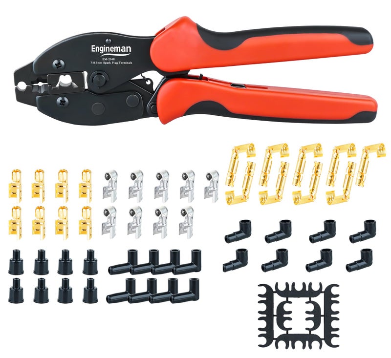 ENGINEMAN Spark Plug Wire Crimping Tool Kit, Ratchet Spark Plug Crimper for Crimping and Stripping Plug, 26PCS 180 Â°/90 Â°/Straight Spark Plug Coil Terminals and 24PCS Terminals Boots - Image 1
