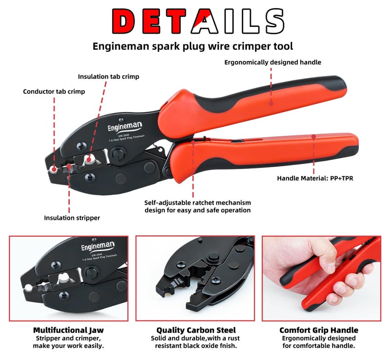 ENGINEMAN Spark Plug Wire Crimping Tool Kit, Ratchet Spark Plug Crimper for Crimping and Stripping Plug, 26PCS 180 Â°/90 Â°/Straight Spark Plug Coil Terminals and 24PCS Terminals Boots - Image 3