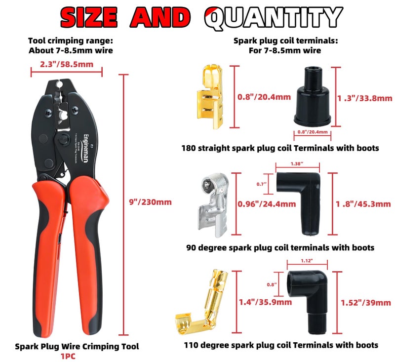 ENGINEMAN Spark Plug Wire Crimping Tool Kit, Ratchet Spark Plug Crimper for Crimping and Stripping Plug, 26PCS 180 Â°/90 Â°/Straight Spark Plug Coil Terminals and 24PCS Terminals Boots - Image 5