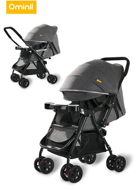 Two-Way Baby Stroller, One-Click Folding, Lightweight, Extra-Large Canopy, Removable Tray, Mosquito Net, Suitable For Babies From 0 To 36 Months  - Grey