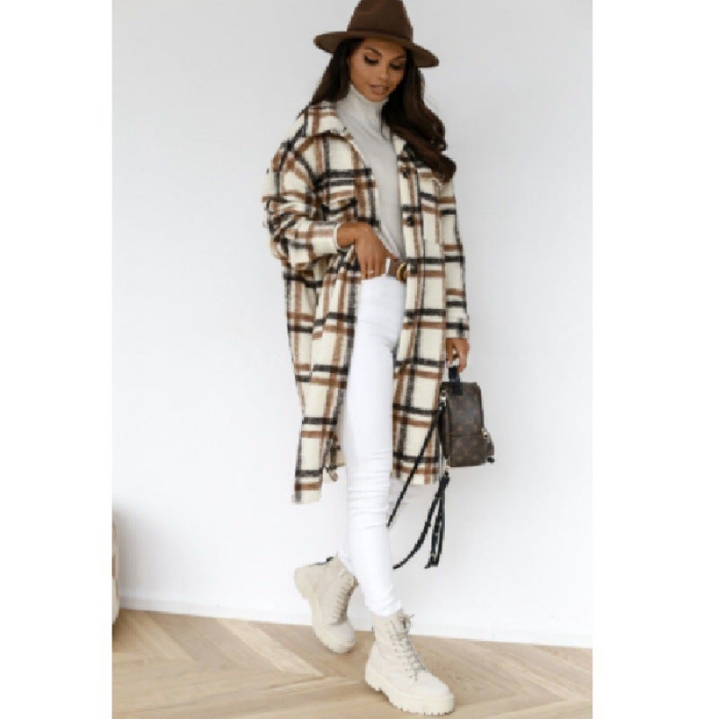 Cross-border Europe and the United States Amazon autumn and winter new womens long sleeve plaid printed long woolen coat womens fashion Camel 