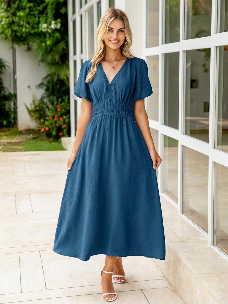 Simplee Apparel Simplee Women's Summer Flowy Midi Dress Casual V Neck Short Sleeve Empire Waist Boho Beach Dress Wedding Guest Maxi Dress Deep Blue,M - Image 2
