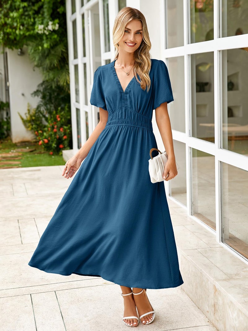 Simplee Apparel Simplee Women's Summer Flowy Midi Dress Casual V Neck Short Sleeve Empire Waist Boho Beach Dress Wedding Guest Maxi Dress Deep Blue,M - Image 3