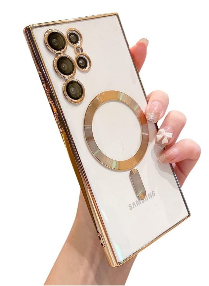 for Samsung Galaxy S23 Ultra Case Magnetic Clear with Camera Lens Protector Full Protection MagSafe Electroplated Silicone Slim Fit Shockproof Protective Case Cover - Gold - Image 1