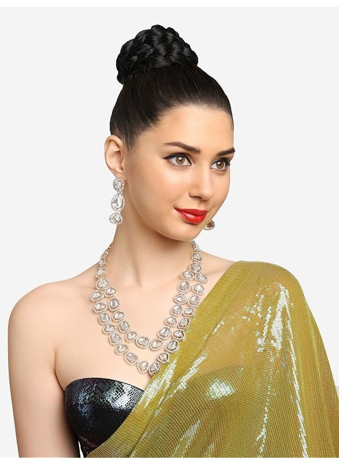 erorex - Gold Tone Double Layered Austrian Diamonds And Artificial Stones Bridal Necklace And Earring Set For Women Zpfk16925 - Image 1