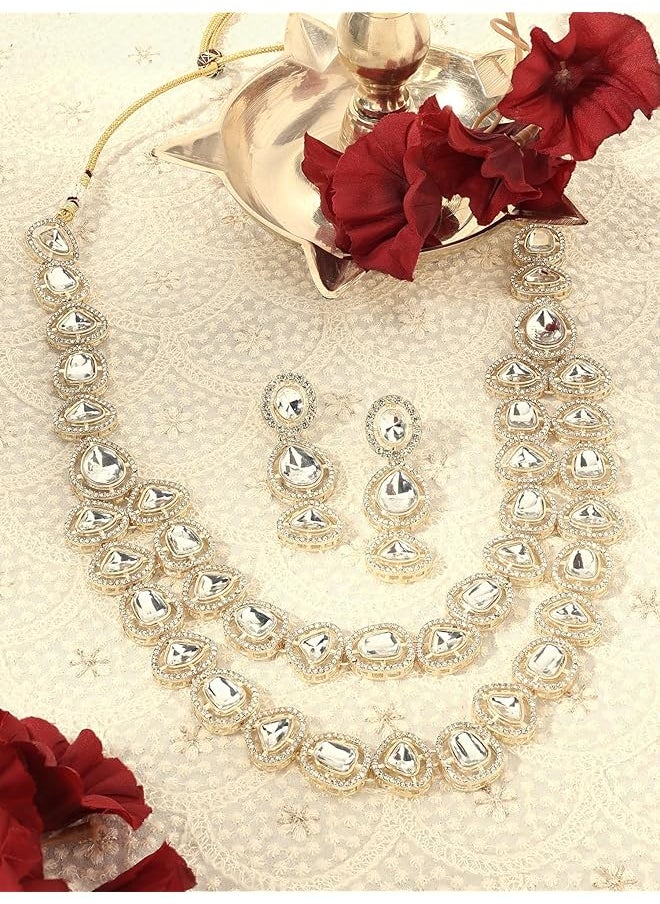 erorex - Gold Tone Double Layered Austrian Diamonds And Artificial Stones Bridal Necklace And Earring Set For Women Zpfk16925 - Image 1
