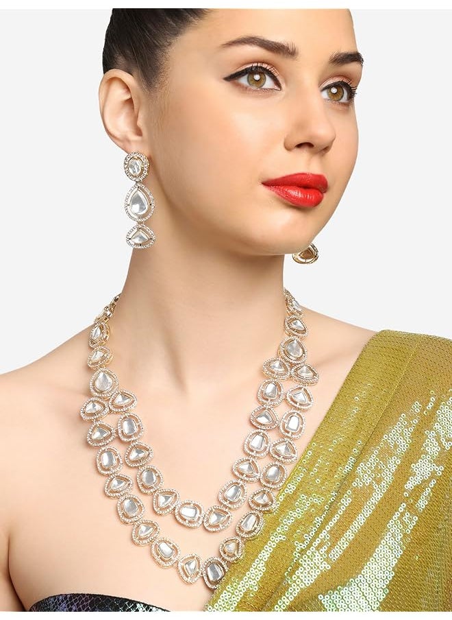 erorex - Gold Tone Double Layered Austrian Diamonds And Artificial Stones Bridal Necklace And Earring Set For Women Zpfk16925 - Image 1