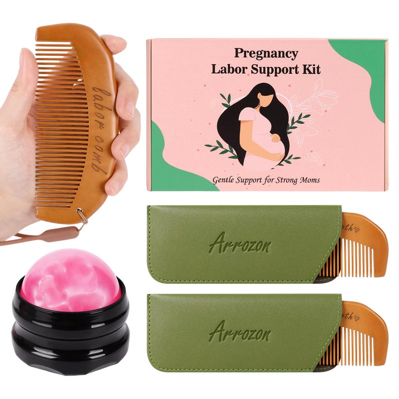 Arrozon 2 Pcs Labor Comb & Massage Roller Ball Kit, Birthing Pregnancy and Hospital Bag Must Haves, PostPartum Home Delivery Essentials, Wooden Birth Comb Pain Relief Baby Shower Gifts for Mom - Image 1