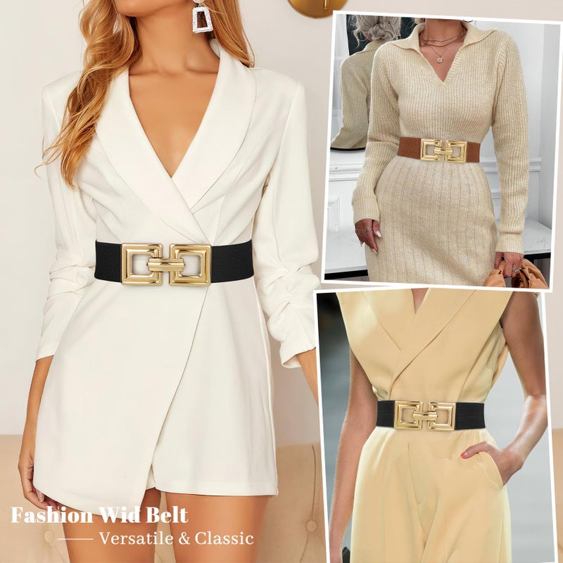 WHIPPY Women Wide Elastic Waist Belt Fashion Hollow Out Square Gold Buckle Stretchy Belt Waistband for Ladies, Black, XL - Image 4