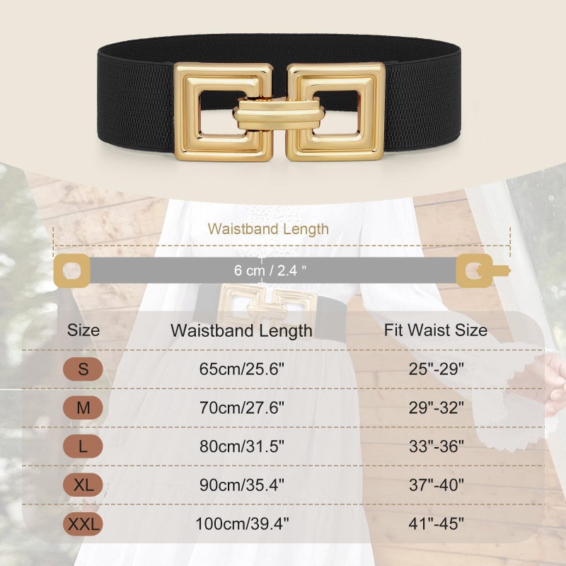 WHIPPY Women Wide Elastic Waist Belt Fashion Hollow Out Square Gold Buckle Stretchy Belt Waistband for Ladies, Black, XL - Image 5