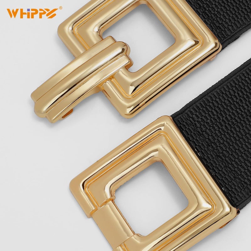 WHIPPY Women Wide Elastic Waist Belt Fashion Hollow Out Square Gold Buckle Stretchy Belt Waistband for Ladies, Black, XL - Image 2