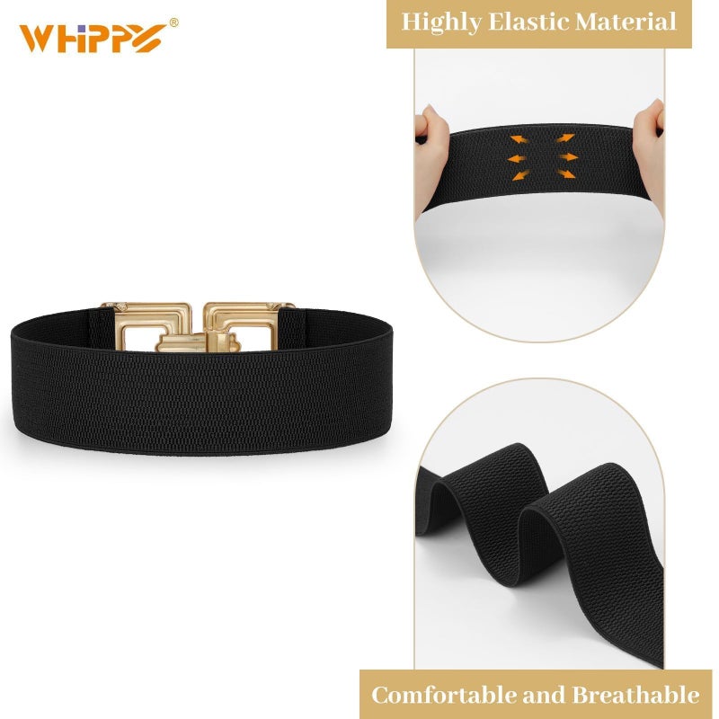 WHIPPY Women Wide Elastic Waist Belt Fashion Hollow Out Square Gold Buckle Stretchy Belt Waistband for Ladies, Black, XL - Image 3