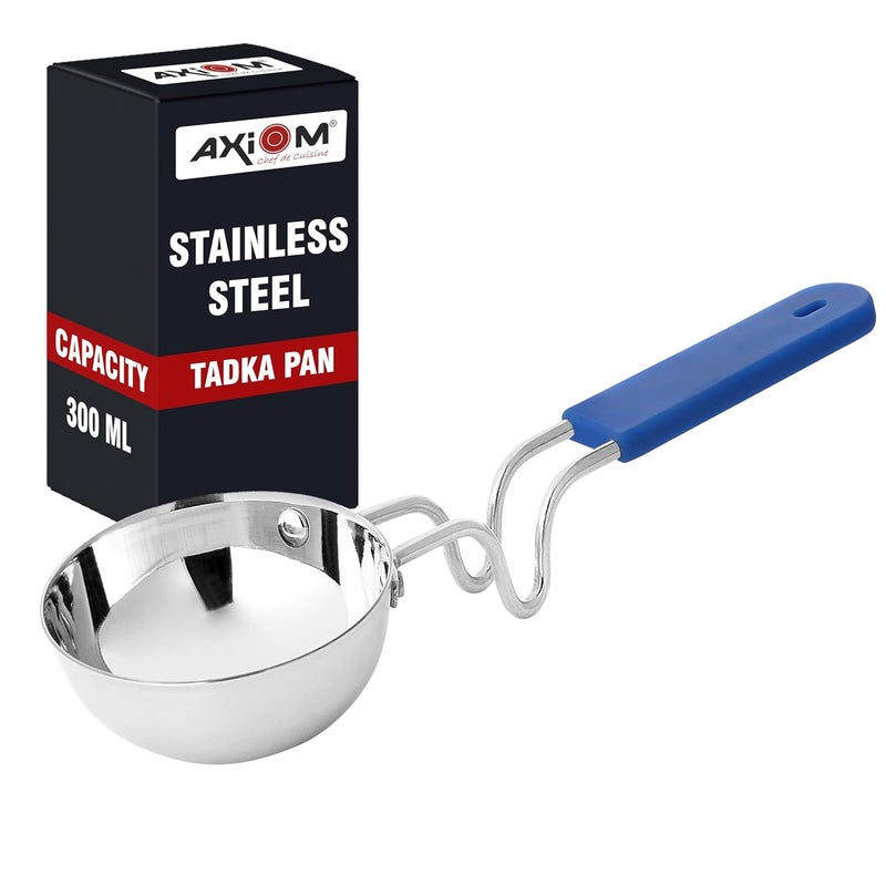 AXIOM TADKA PAN Stainless Steel Large with Soft Silicon Handle Unbreakable Heavy Gauge Long Grip Professional vagariyapopu Pans for Spice Seasoning Frying Heating Roasting 12 cm 300 ml - Image 1