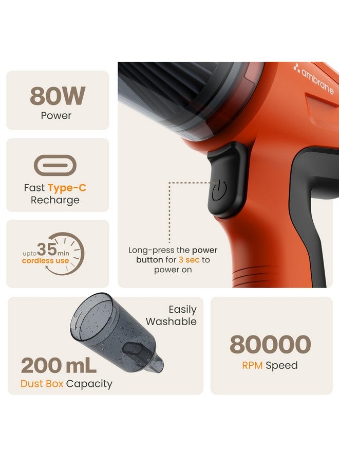 Ambrane 12kPA Powerful Suction 80W Wireless Hand Vacuum & Air Blower 2-in-1 Wireless Vacuum Cleaner, BLDC Motor HEPA Filter, Compact & Lightweight for Car, Home use, & Pet Hair (Mini Vac 02, Black) - Image 2