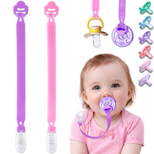 Qunland Silicone Pacifier Clip with Adapter Ring for Philips Avent Soothie, 2 Pack One-Piece Soft Binky Clips Holder for Baby Girls Boys, Anti-Loss Paci Clips for Baby Shower Newborn Essentials,Pink Purple - Image 1