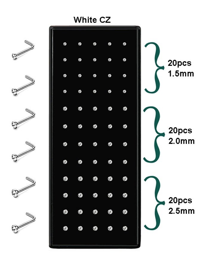 GUSGU 60 PCS Small Nose Rings Studs for Women Men L Shape 316L Stainless Steel Crystal Nose Piercing Jewelry Nose Studs Ring Hoop Bone Studs Body Jewelry 20G 1.5MM 2.0MM 2.5MM Clear - Image 3