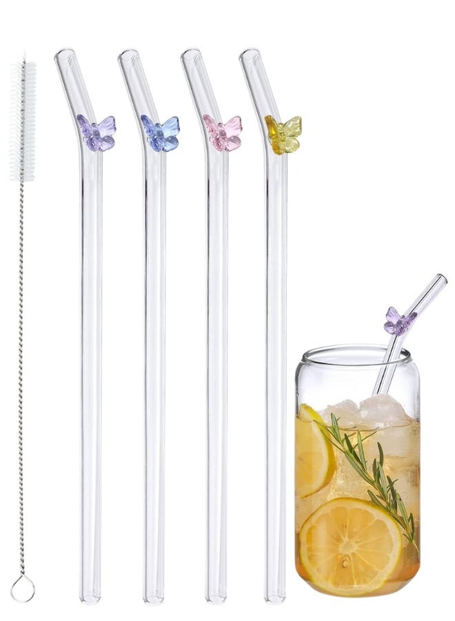 4 Pcs Reusable Glass Straws,Colorful Butterfly on Clear Straws With Design 7.9in X 8mm Shatter Resistant Bent Drinking Straws with Cleaning Brush for Shakes,Juices,Smoothies, Cocktails - Image 1
