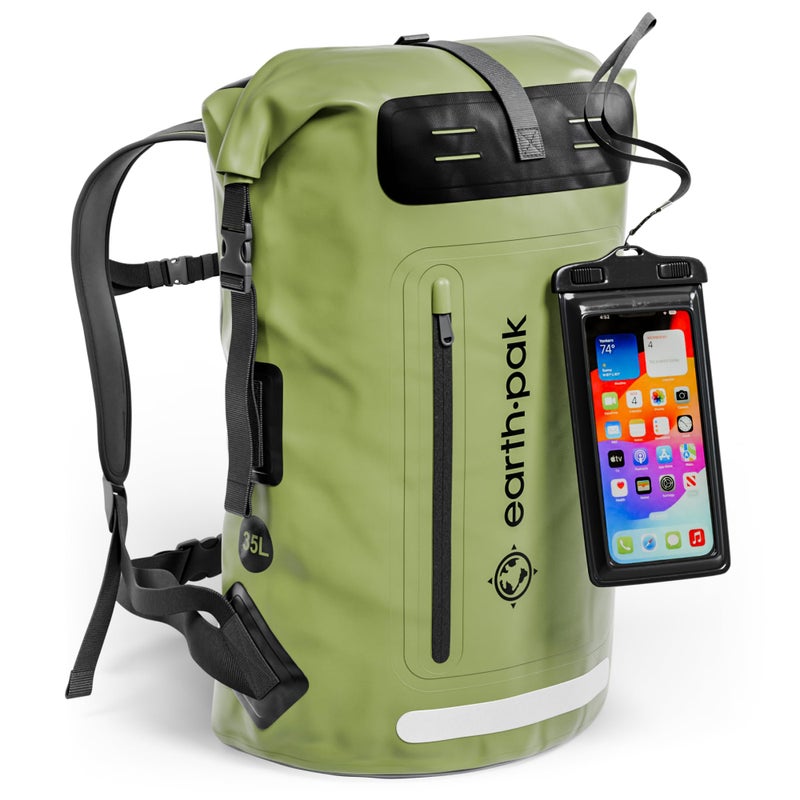 Earth Pak Waterproof Backpack - Heavy Duty Hiking Backpack - Roll-Top Closure - Waterproof Bag - Cushioned Dry Bags Waterproof w/ IPX8 Waterproof Phone Case - Wet Bag for Hiking, Kayak (Green , 35L) - Image 1