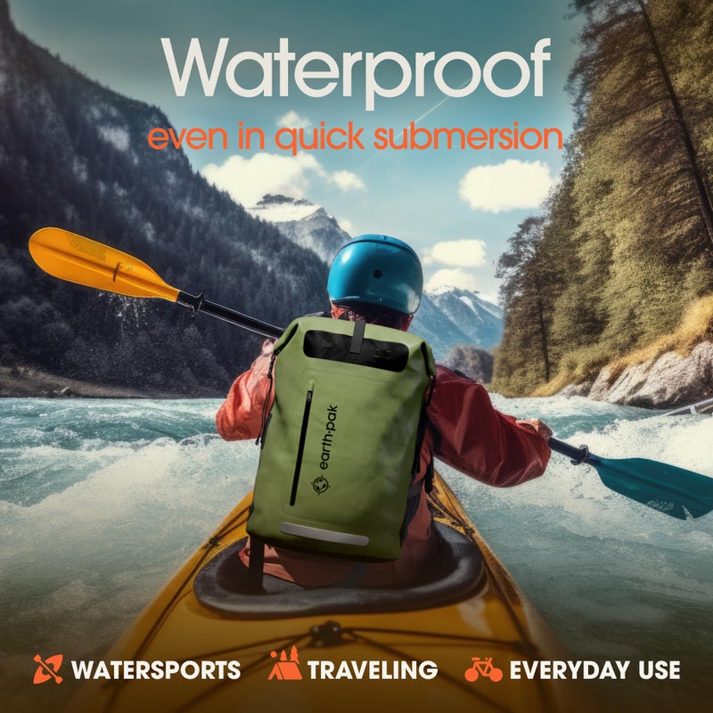 Earth Pak Waterproof Backpack - Heavy Duty Hiking Backpack - Roll-Top Closure - Waterproof Bag - Cushioned Dry Bags Waterproof w/ IPX8 Waterproof Phone Case - Wet Bag for Hiking, Kayak (Green , 35L) - Image 3