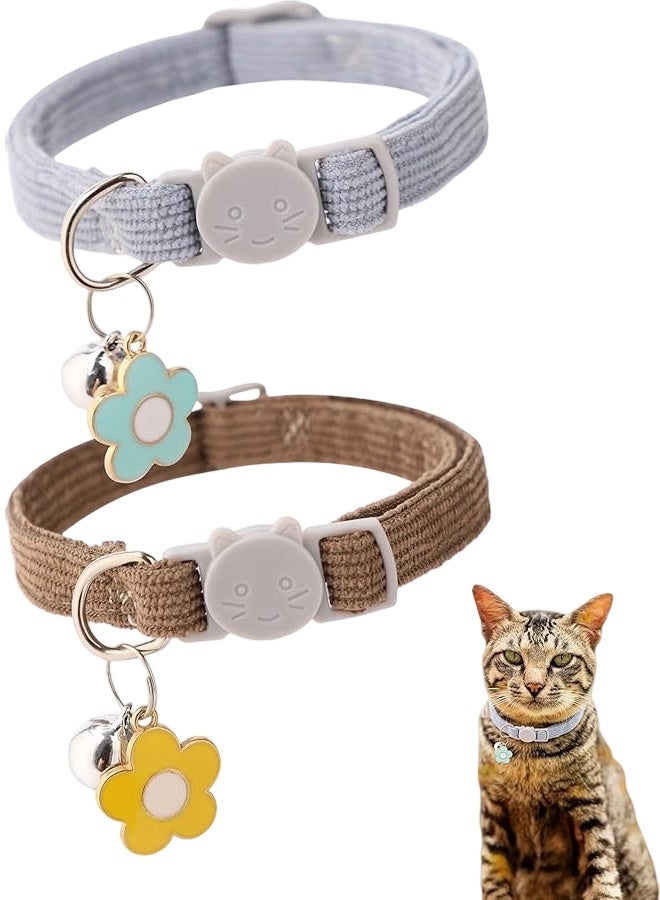 2 Pack Cat Collar with Bells, Corduroy Adjustable Kitten Collars with Breakaway Safety Buckle for Boy Girl Cats(Blue Brown) - Image 1
