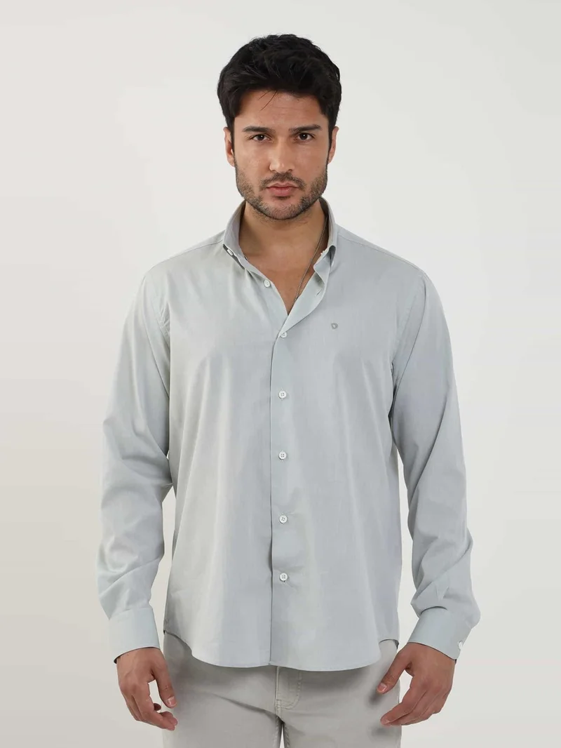 Khaki Men's Regular Fit Plain Brent Button Collar Long Sleeve Shirt - 102204