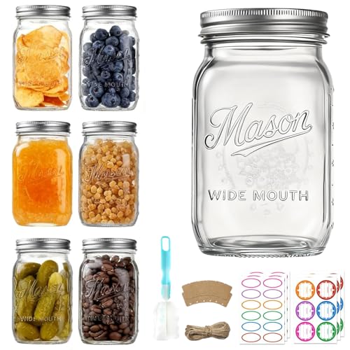 Dralaw Mason Jars 32 oz6 Pack Large Wide Mouth Mason Jar with Airtight Lids and BandsQuart Glass Canning Jars for Pickling Fermenting and Food Storage MicrowaveDishwasher Safe - Image 1