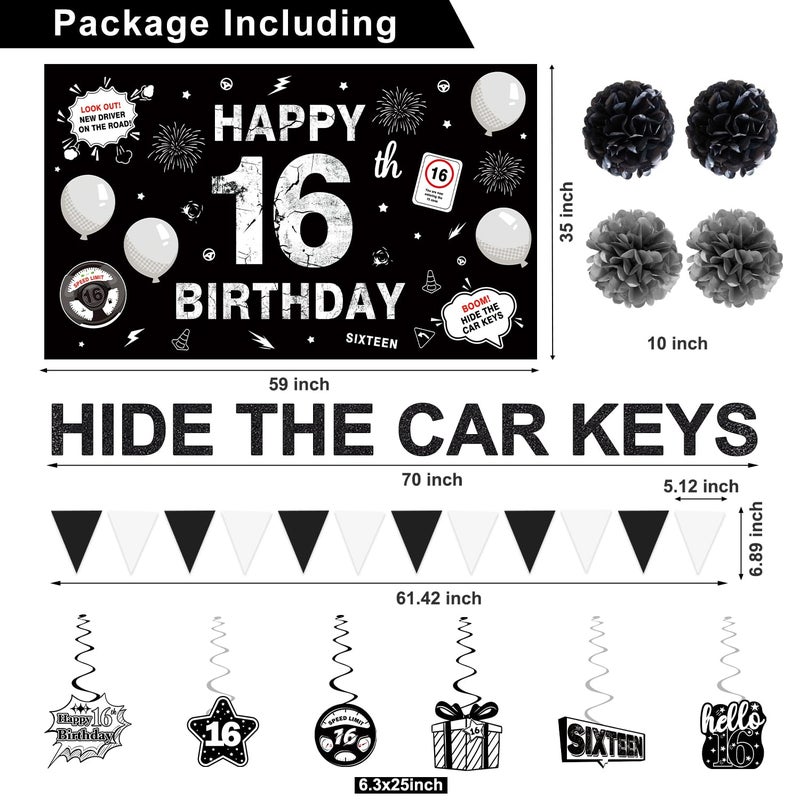 Juesly Happy 16th Birthday Decorations for Boys Girls, Black and Silver Boys 16th Birthday Party Decorations, Sweet 16 Birthday Party Decorations Banner 16 Balloon Numbers Cake Topper Hanging Swirls Sash - Image 2