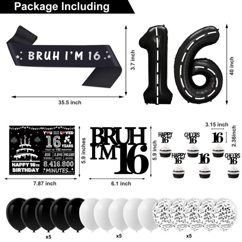 Juesly Happy 16th Birthday Decorations for Boys Girls, Black and Silver Boys 16th Birthday Party Decorations, Sweet 16 Birthday Party Decorations Banner 16 Balloon Numbers Cake Topper Hanging Swirls Sash - Image 3