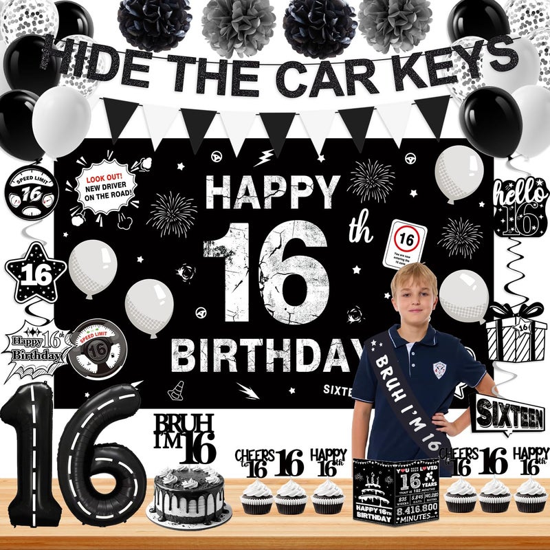 Juesly Happy 16th Birthday Decorations for Boys Girls, Black and Silver Boys 16th Birthday Party Decorations, Sweet 16 Birthday Party Decorations Banner 16 Balloon Numbers Cake Topper Hanging Swirls Sash - Image 1