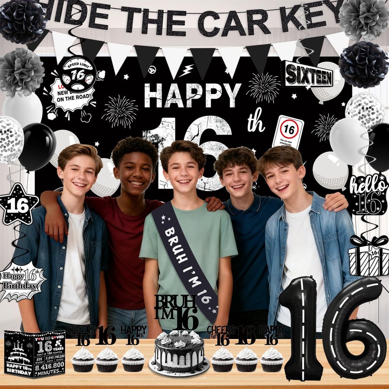 Juesly Happy 16th Birthday Decorations for Boys Girls, Black and Silver Boys 16th Birthday Party Decorations, Sweet 16 Birthday Party Decorations Banner 16 Balloon Numbers Cake Topper Hanging Swirls Sash - Image 5