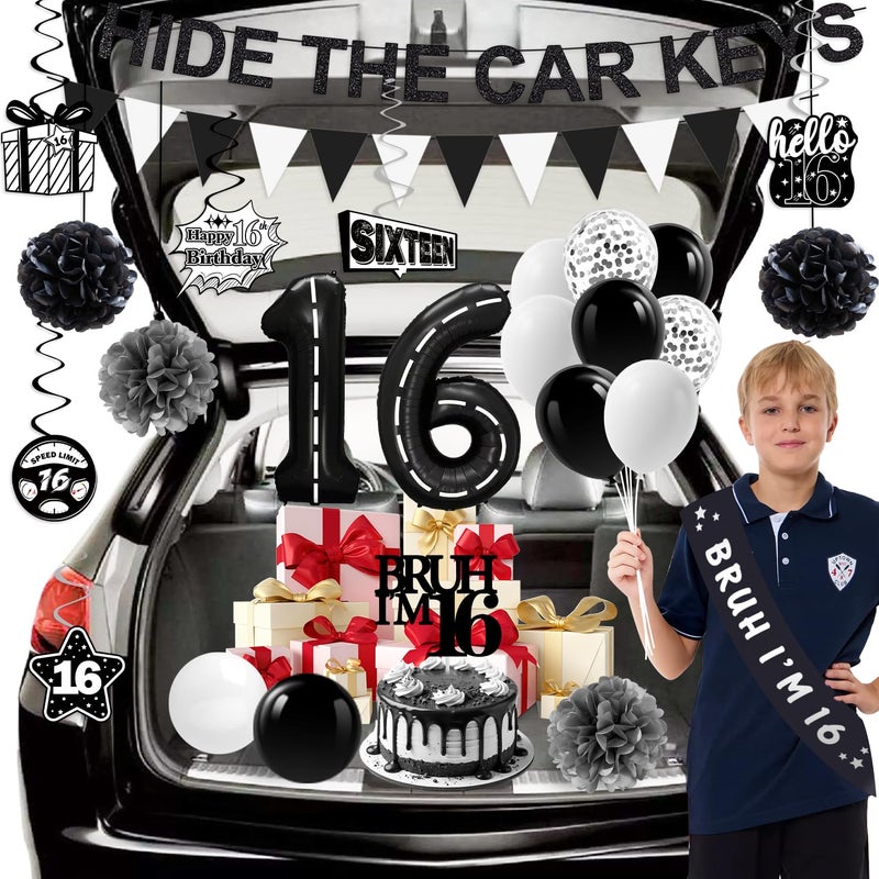 Juesly Happy 16th Birthday Decorations for Boys Girls, Black and Silver Boys 16th Birthday Party Decorations, Sweet 16 Birthday Party Decorations Banner 16 Balloon Numbers Cake Topper Hanging Swirls Sash - Image 4