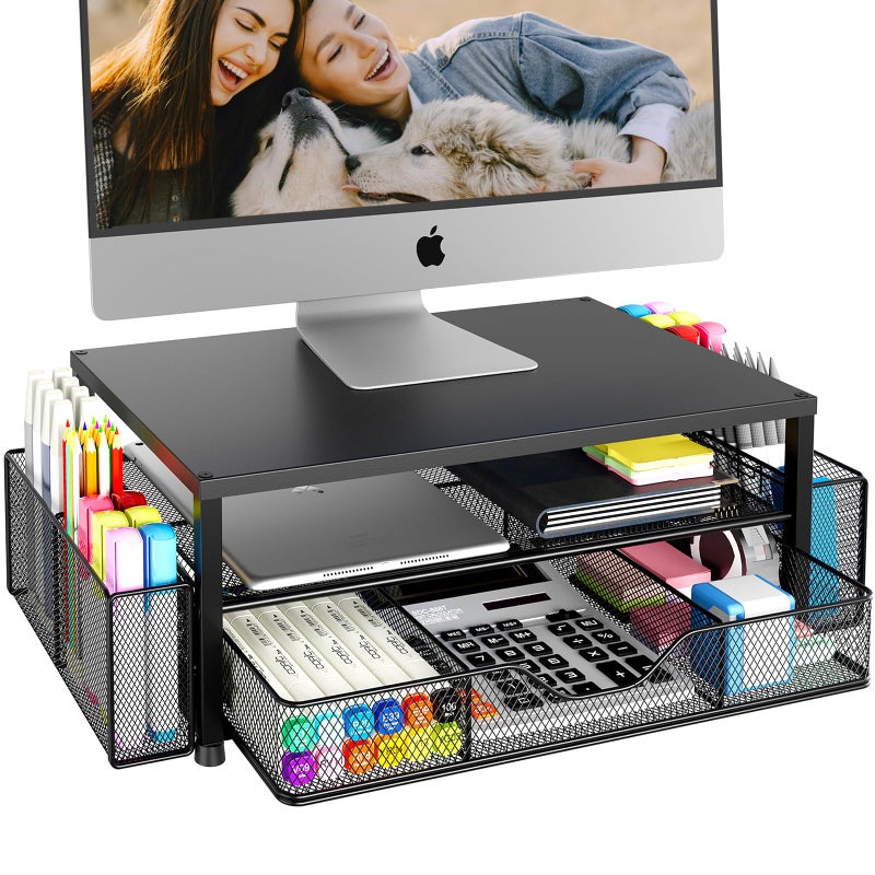 OPNICE Desk Organizers and Accessories, 2-Tier Computer Monitor Stand Riser with Drawer and 2 Pen Holders, Laptop Stand, Office Desk Accessories for Office Supplies, Teal Blue - Image 1