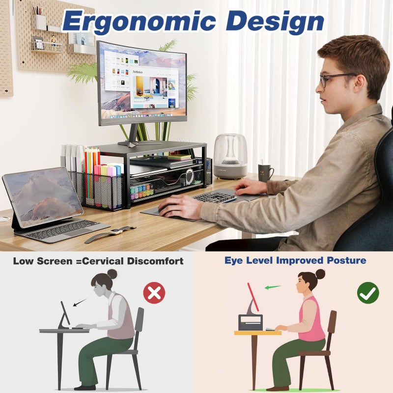 OPNICE Desk Organizers and Accessories, 2-Tier Computer Monitor Stand Riser with Drawer and 2 Pen Holders, Laptop Stand, Office Desk Accessories for Office Supplies, Teal Blue - Image 2