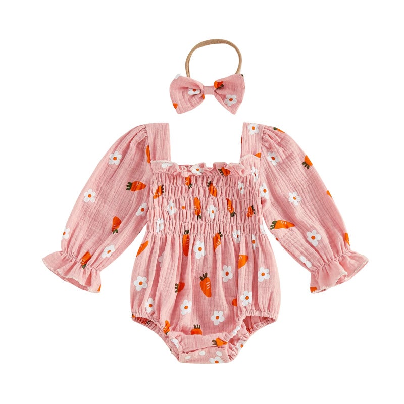 Lamuusaa Newborn Baby Girl Easter Outfit Smocked Bunny/Carrot Romper Cotton Linen Bodysuit Headband Summer Clothes 0-18M (Beige-Carrot, 0-3 Months) - Image 1