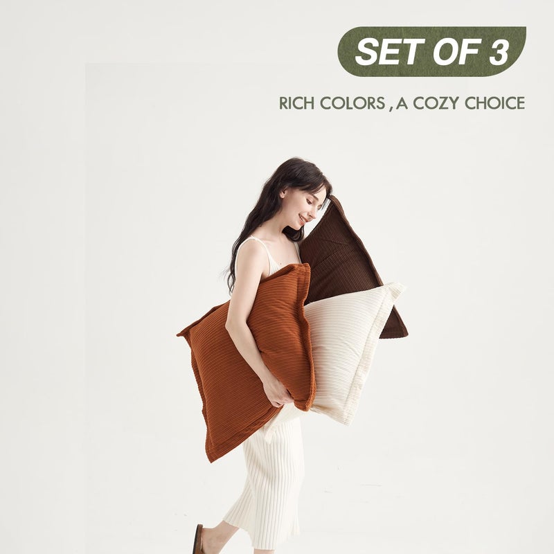 COCO TOP COCO TOP Set of 3 Striped Corduroy Decorative Throw Pillow Covers 22x22inch Boho Square Pillow Decorations Hypebeast Room Decor for Living Room Bedroom Guest Room(Earthy Brown  Rust & Cream) - Image 2
