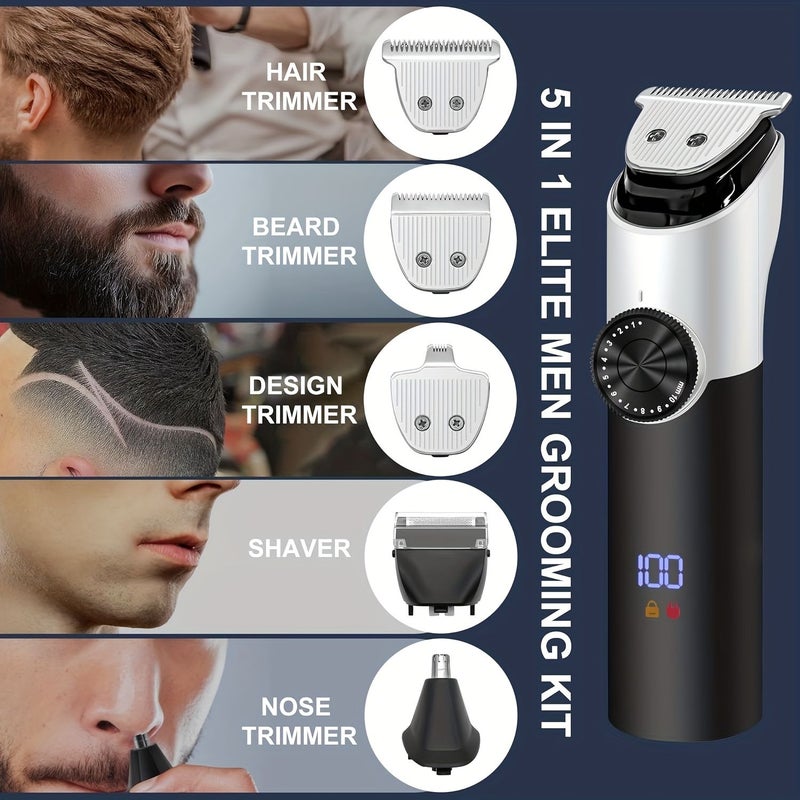5 In 1 Grooming Kit For Men Professional Hair Clipper And Beard Trimmer Cordless With LCD Display Adjustable For Nose Body Face And Shaving - Image 5