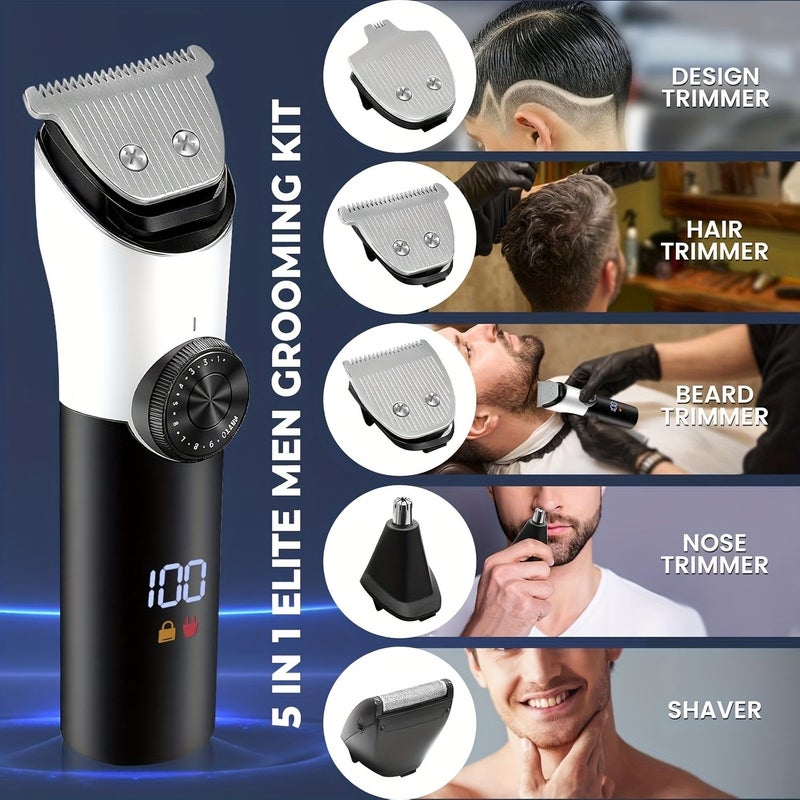 5 In 1 Grooming Kit For Men Professional Hair Clipper And Beard Trimmer Cordless With LCD Display Adjustable For Nose Body Face And Shaving - Image 2