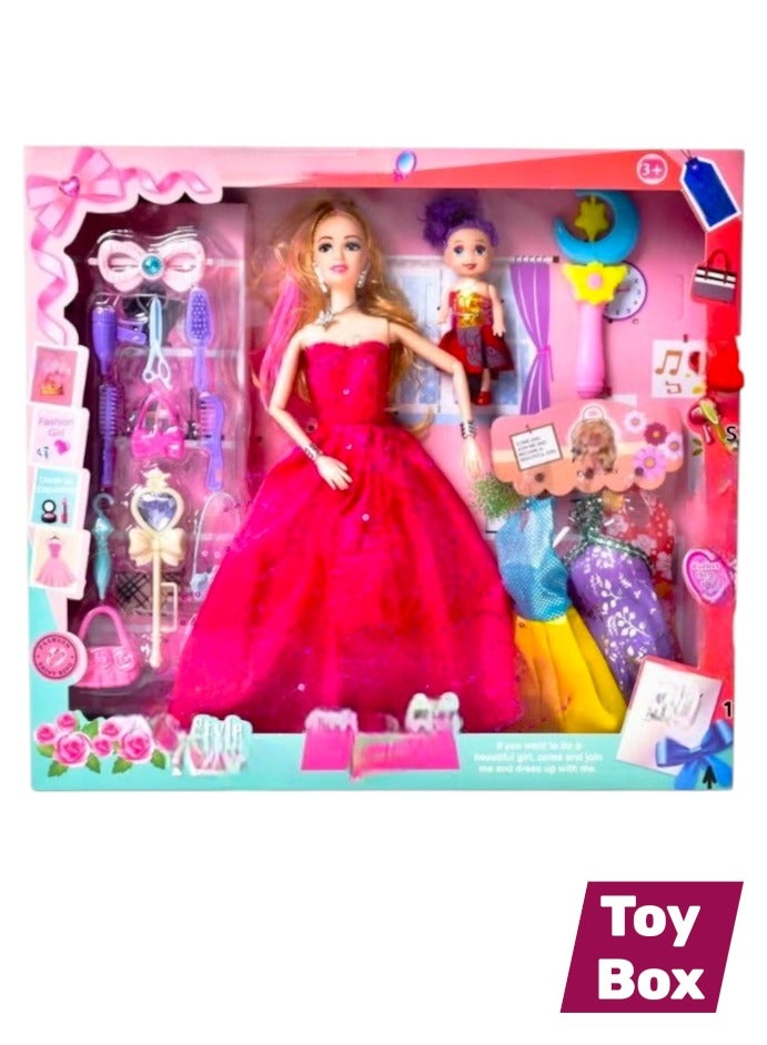 صندوق العاب دمية مرنة جميلة مع فساتين عصرية وإكسسوارات رائعة للفتيات، مجموعة لعب دمى التظاهر المثالية للأطفال الصغار مع فساتين إضافية - Image 1