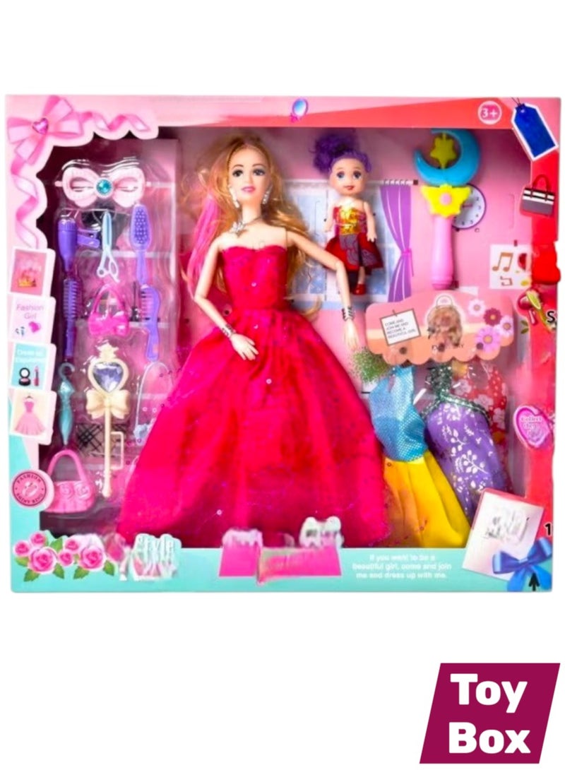 صندوق العاب دمية مرنة جميلة مع فساتين عصرية وإكسسوارات رائعة للفتيات، مجموعة لعب دمى التظاهر المثالية للأطفال الصغار مع فساتين إضافية - Image 2