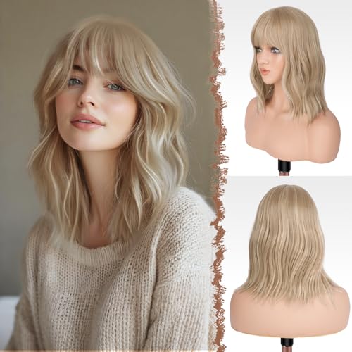 FESHFEN Shoulder Length Wigs with Bangs Dirty Blonde Natural Looking Wavy Medium Length Synthetic Hair Bob Wig for Women Daily Party Use 14 inch - Image 1