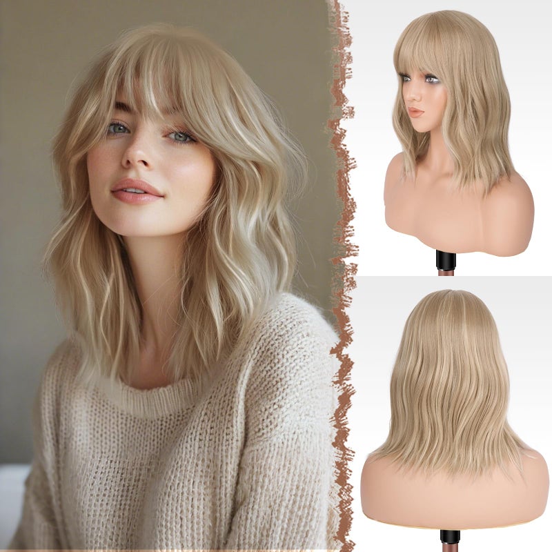 FESHFEN Shoulder Length Wigs with Bangs Dirty Blonde Natural Looking Wavy Medium Length Synthetic Hair Bob Wig for Women Daily Party Use 14 inch - Image 2