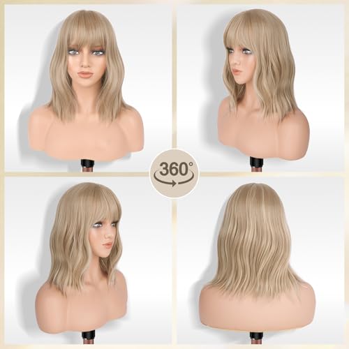 FESHFEN Shoulder Length Wigs with Bangs Dirty Blonde Natural Looking Wavy Medium Length Synthetic Hair Bob Wig for Women Daily Party Use 14 inch - Image 3
