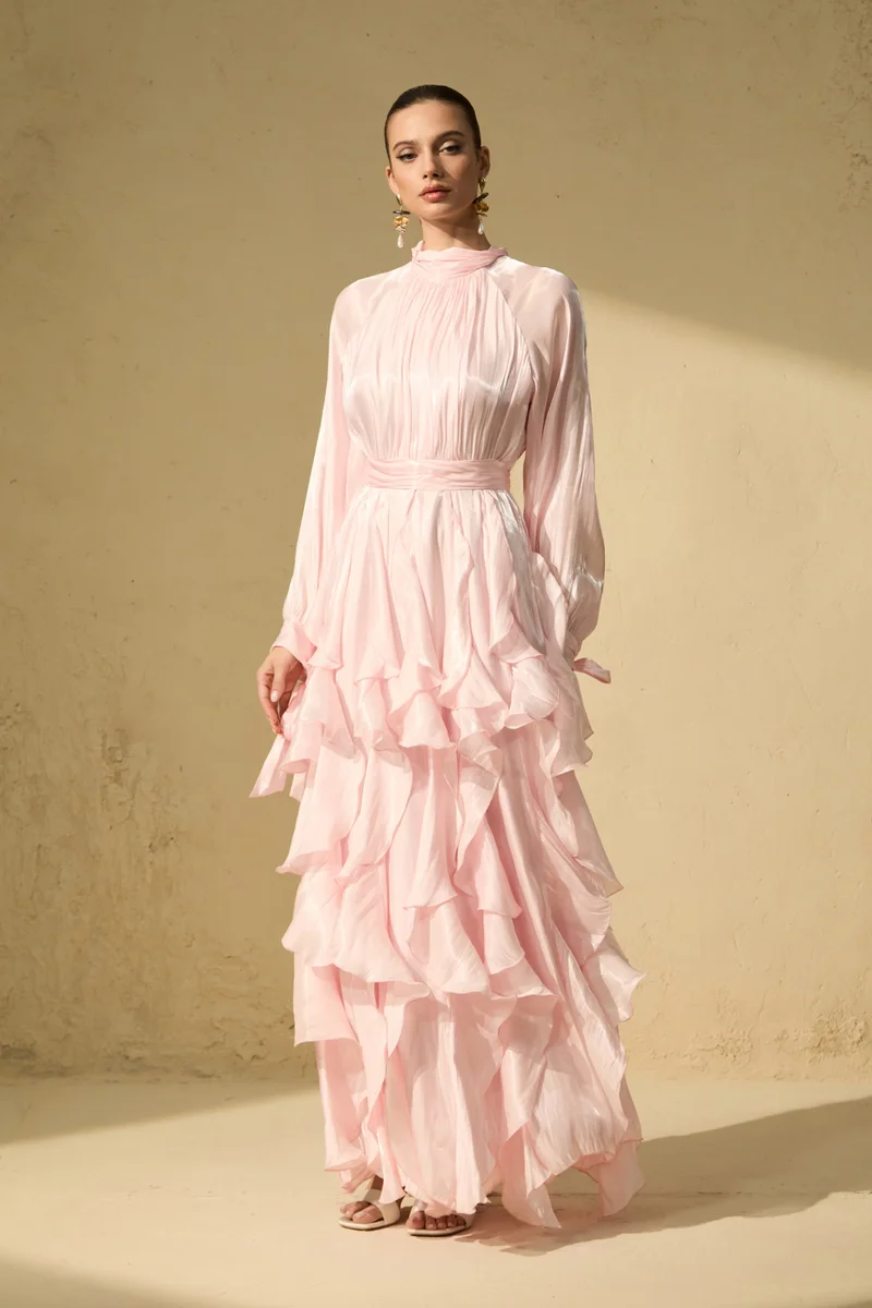 Sunfere Estella Puff Sleeve Ruffle Trim Maxi Dress