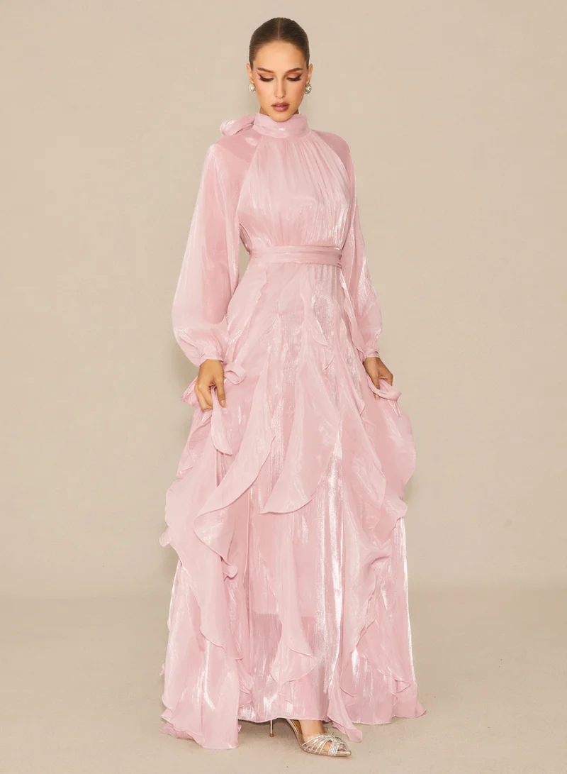 Sunfere Pink Estella Puff Sleeve Ruffle Trim Maxi Dress for Women | Best Price UAE